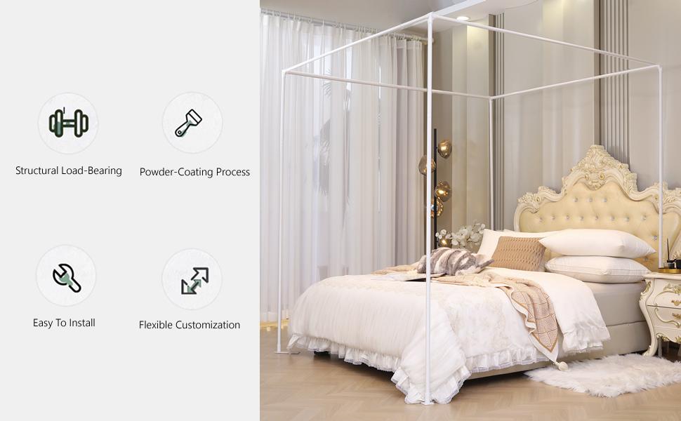 Queen Size Bed Frame with Outer, Thickened Poles & Four Corner Brackets, Compatible with/Wood Base for Bedroom (White)