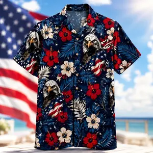 Men's Patriotic Hawaiian Shirt Short Sleeve Button Down American Flag Bald Eagle Hibiscus Palm Leaf Print, Navy Camp Collar Casual Summer Beach Resort Shirt, 4th of July BBQ Cruise Luau Vacation Party Top for Men, USA Tropical Holiday Wear Beachwear.