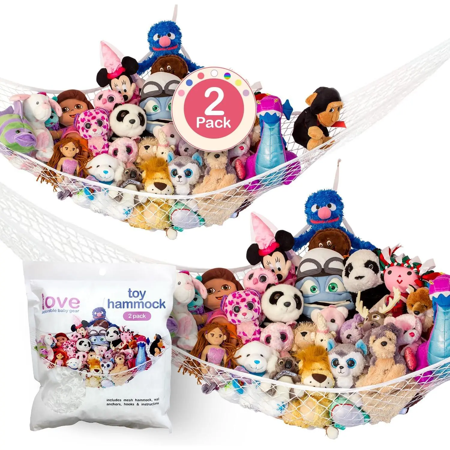 Stuffed Animal Hammock 2 Pack |   Corner Stuffed Animal Storage & Plushie Net |   Toy Hammock  Stuffed Animals |   Holds 12lbs |   Easy Hang, All Hardware Included |   White Bedroom Decor |   by Lilly's Love