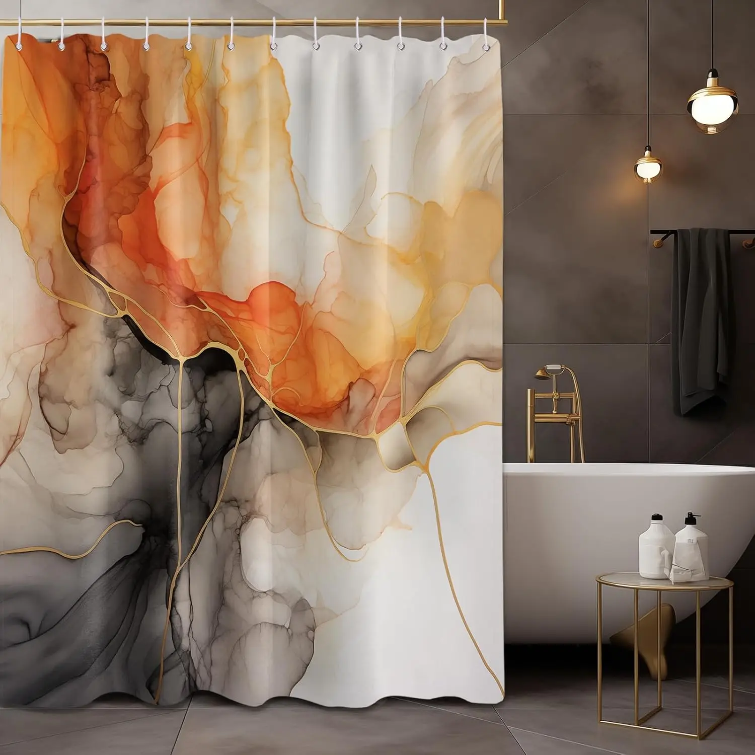 Burnt Orange and Black Marble Shower Curtain, 70" W x 72" L | Gold Black and Orange Abstract, Modern Bathroom Decor, Waterproof Cloth Fabric, Includes Hooks