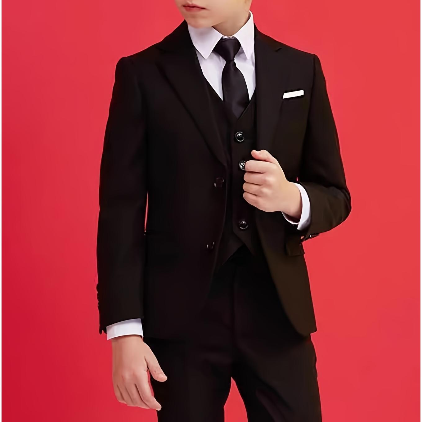 Jacket+Vest+Pants+Tie-4pcs Set Formal Dress Piano Performance Graduation Ceremony Suit Wedding Attire Boys 3D Printed Short-sleeved Shorts Slim Fit Kids Formal Tuxedo Suit camo hoodies Print Pocket Plaid Boy's Formal Suit Set jacket Blue Boys Formal Suit
