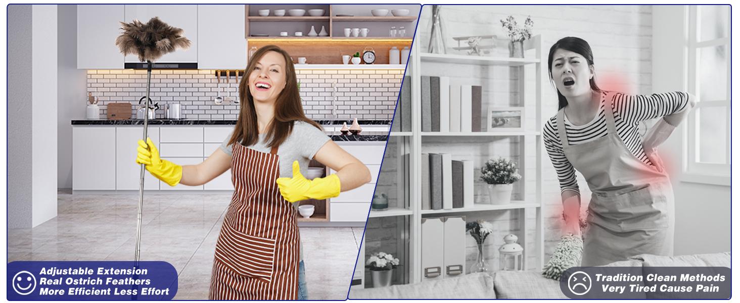 Extendable Ostrich Feather Duster-40 inches Fluffy Long Handle Reusable Feather Duster For Cleaning Ceiling Fan,Pendant lamp, High Ceiling, Blinds, Furniture