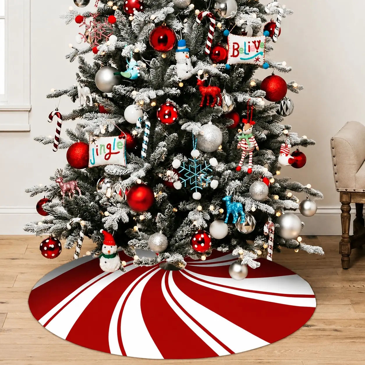 Christmas Tree Skirt Red White Candy Cane Swirl, Large Peppermint Holiday Tree Skirt for Xmas Decorations, Sweet Christmas Home Decor, Holiday Party Supplies, Festive Living Room Floor Mat for Christmas Tree