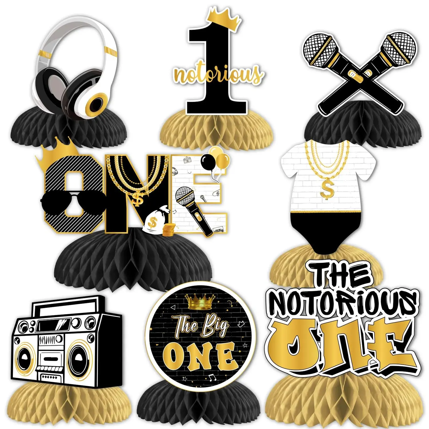 8Pcs The Notorious One Birthday Decorations Black Gold 1anniversary Birthday Honeycomb Centerpieces  The Big One Theme First Birthday Decorations Hip Hop 3D Table Decor for One Year Old Boy