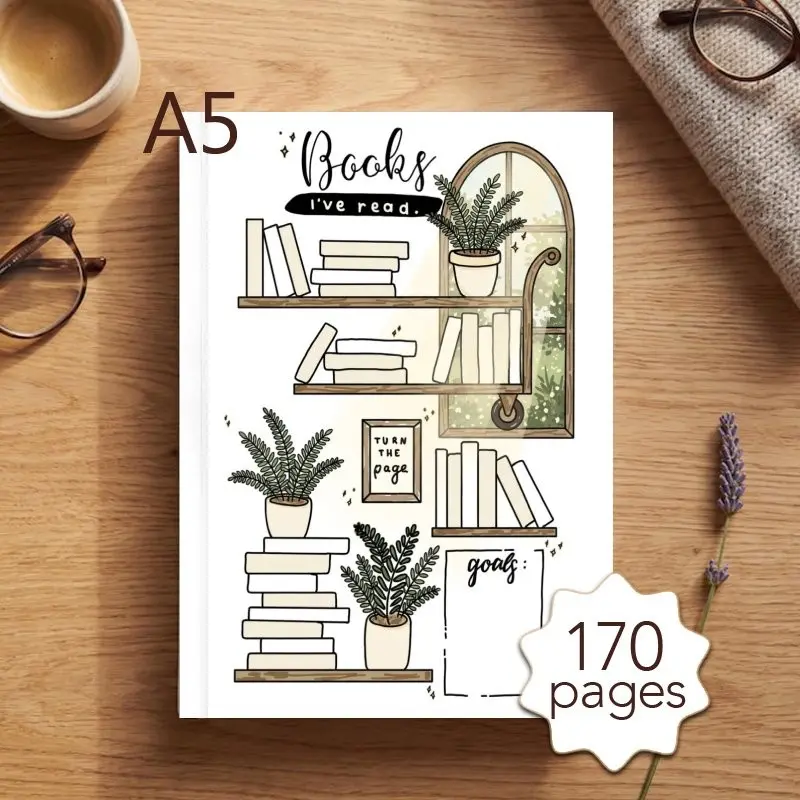 1PC A5 Reading Journal for Book Lovers, Bookshelf Themed Reading Log Notebook, 170 Pages Daily Reading Planner for Book Notes, Reading Tracker with Review Pages, Gift for Reading Enthusiasts