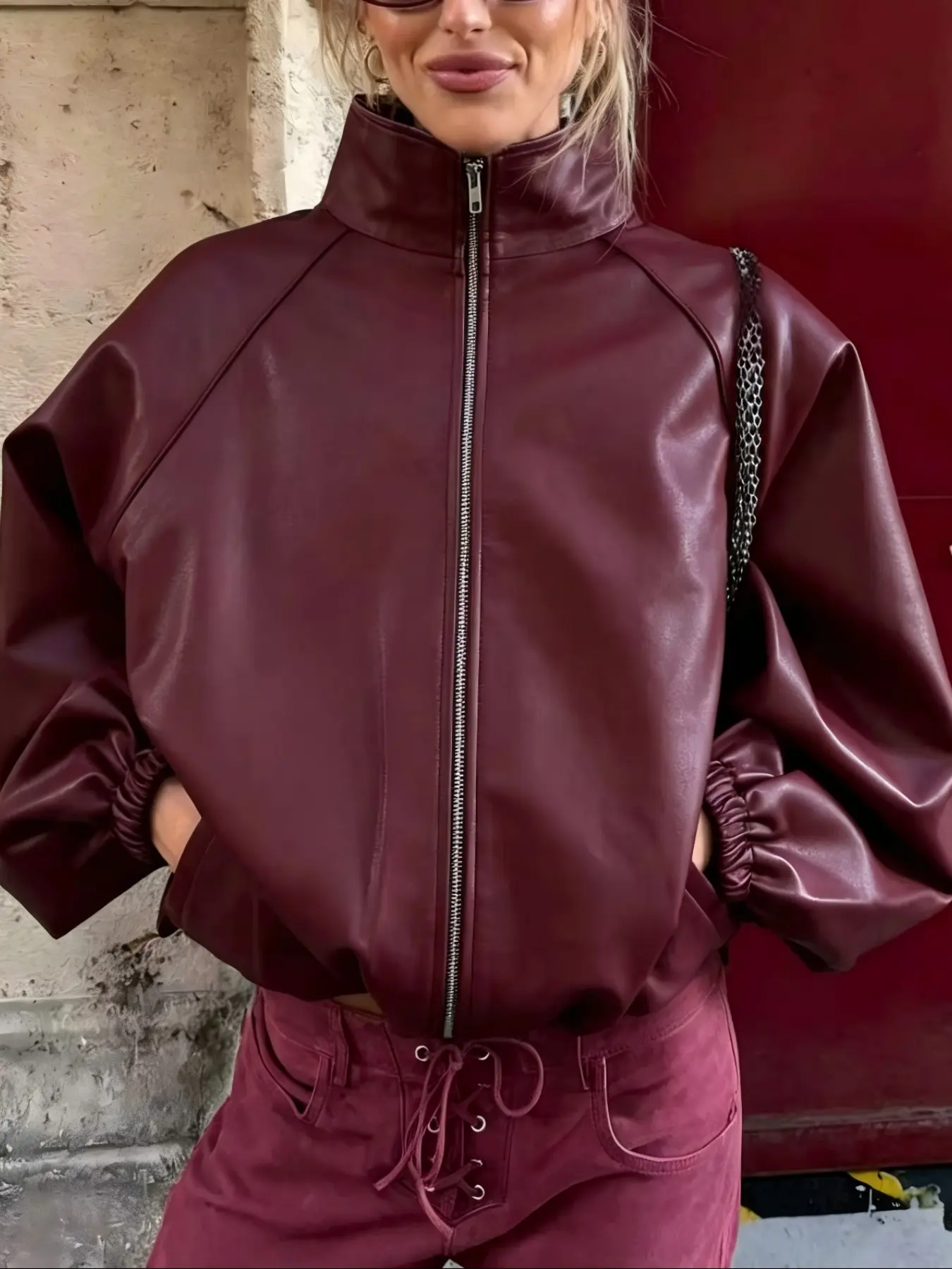 Women's Fake Leather Jacket, Stand Collar Zipper Elastic Sleeve Loose Pilot Coat with Pockets, Fashionable and Comfortable Outerwear