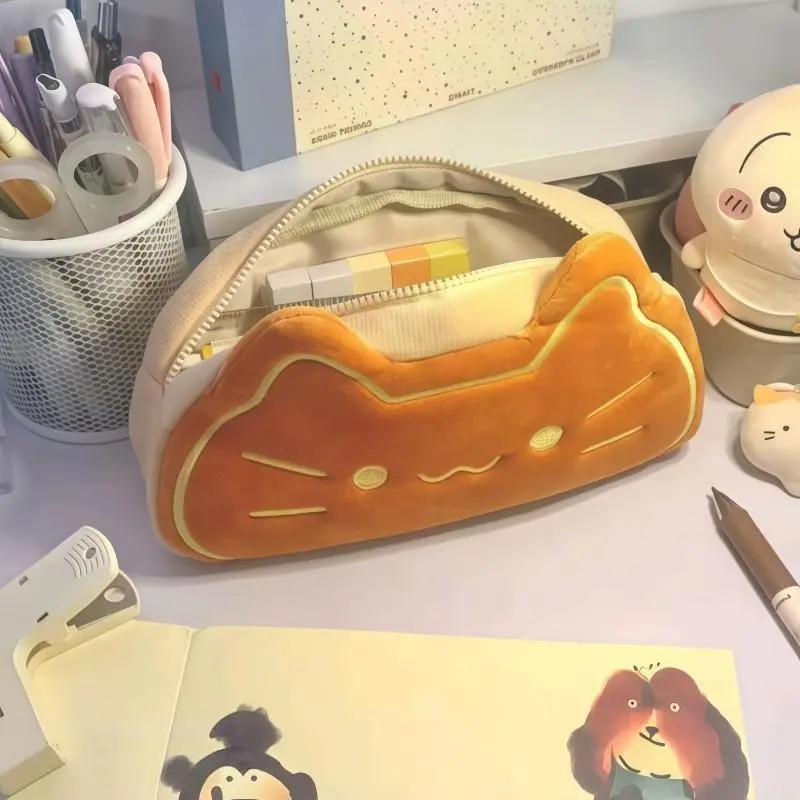Large Capacity Caramel Cute Cat Pencil Case, Stationery Organizer, Desktop Organizer, Plush Pencil Bag for Home, Office, School