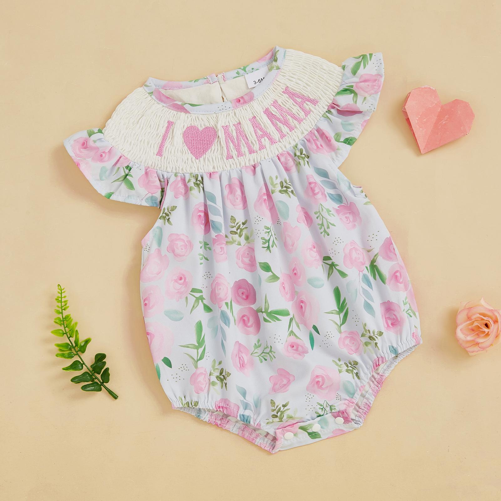 Newborn Baby Girl Summer Outfits Floral Mamas Girl Smocked Bubble Romper Fly Sleeve Onesie Bodysuit Mothers Day Clothes