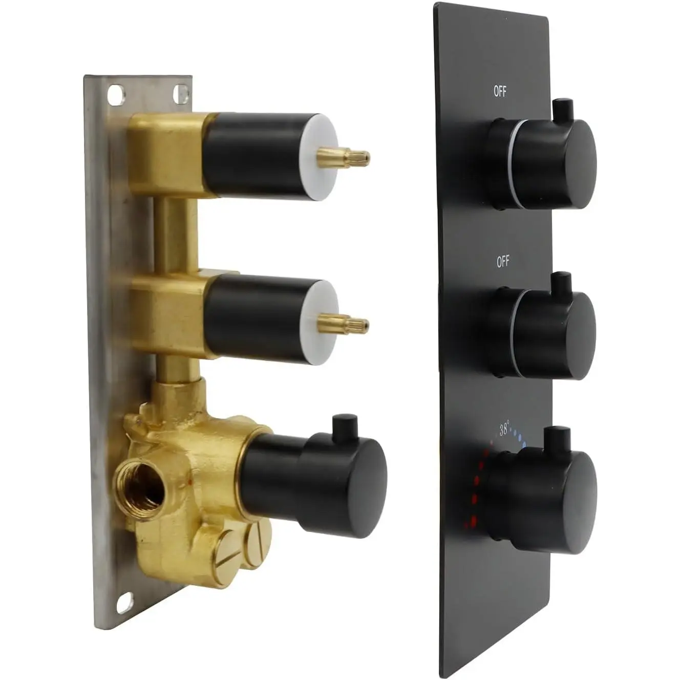 2 Way Shower Diverter Valve Brass Dual Functions Thermostatic Shower Mixing Valve Kit 3 Handle Flow Control Valve, 3/4 Inch Inlet, Can Use All Options At a Time, Matte Black