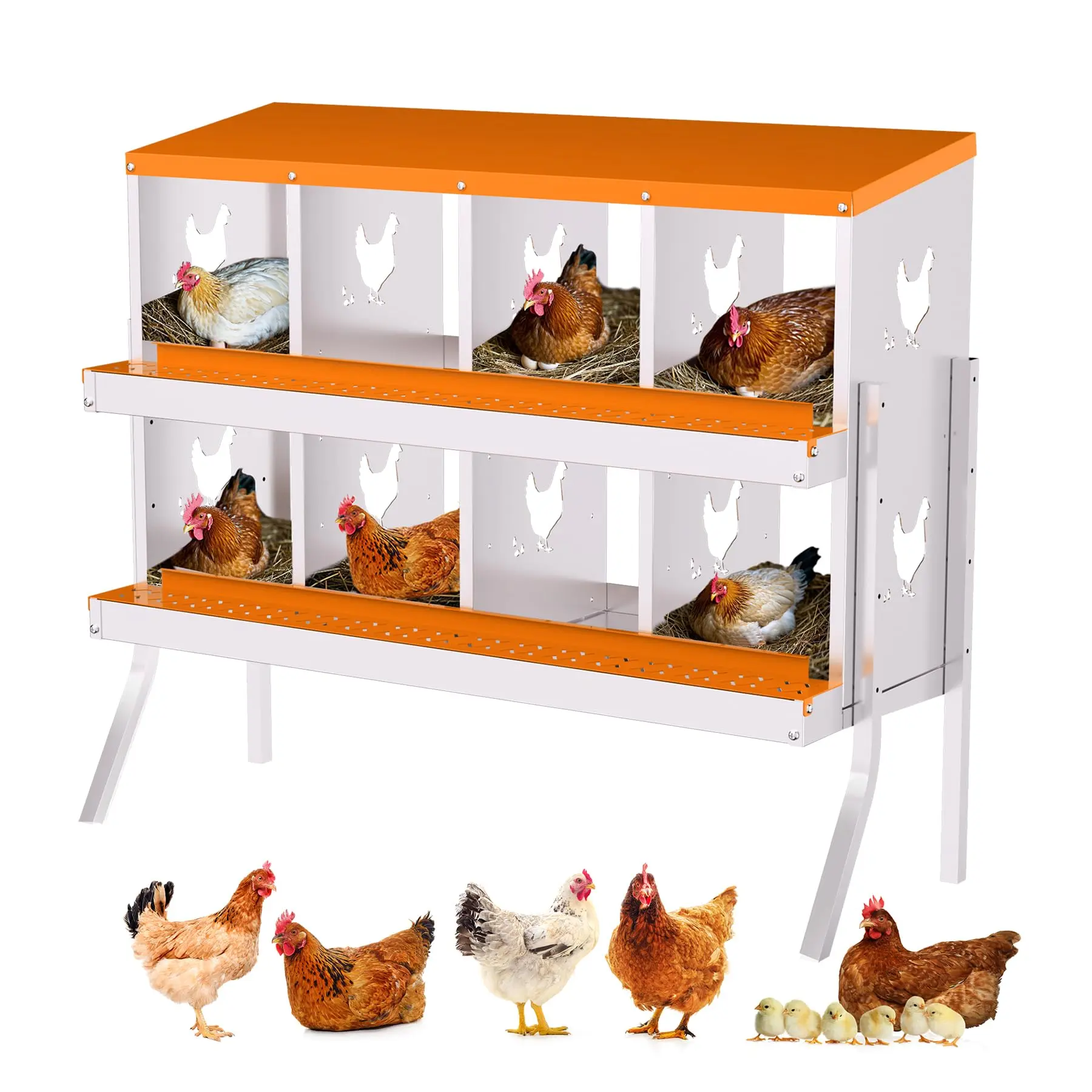 GARVEE Galvanized Metal 8-Compartment Poultry Nest Box - with Removable Egg Tray, Corrosion-Resist Feature, Ventilated Design, Peck-Proof Build, Orange Finish & Included Stand