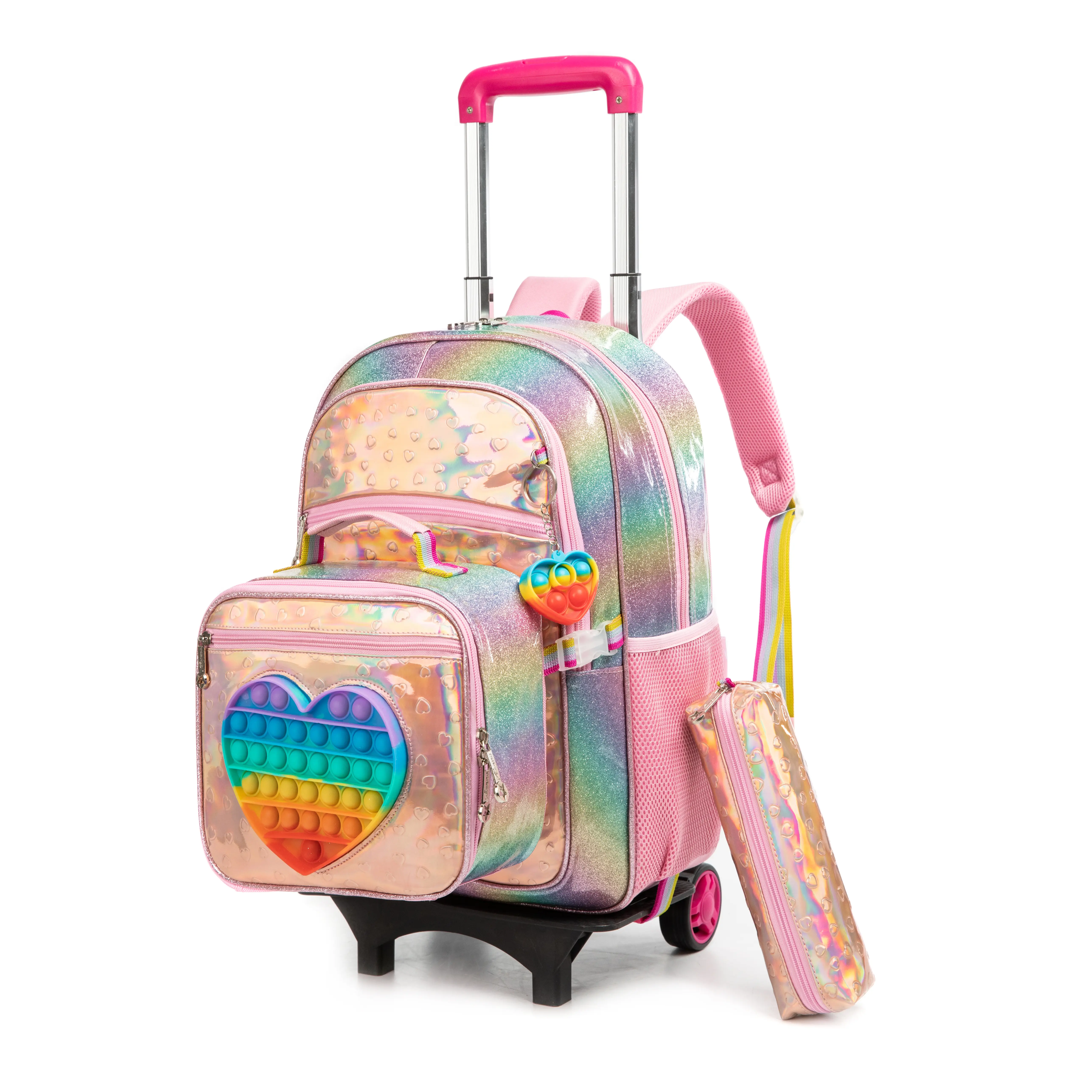 Kids Rolling Backpack Girls School Bag with Pop It Fidget Sensory Toy Pencil Case Glitter Rainbow Trolley Bookbag