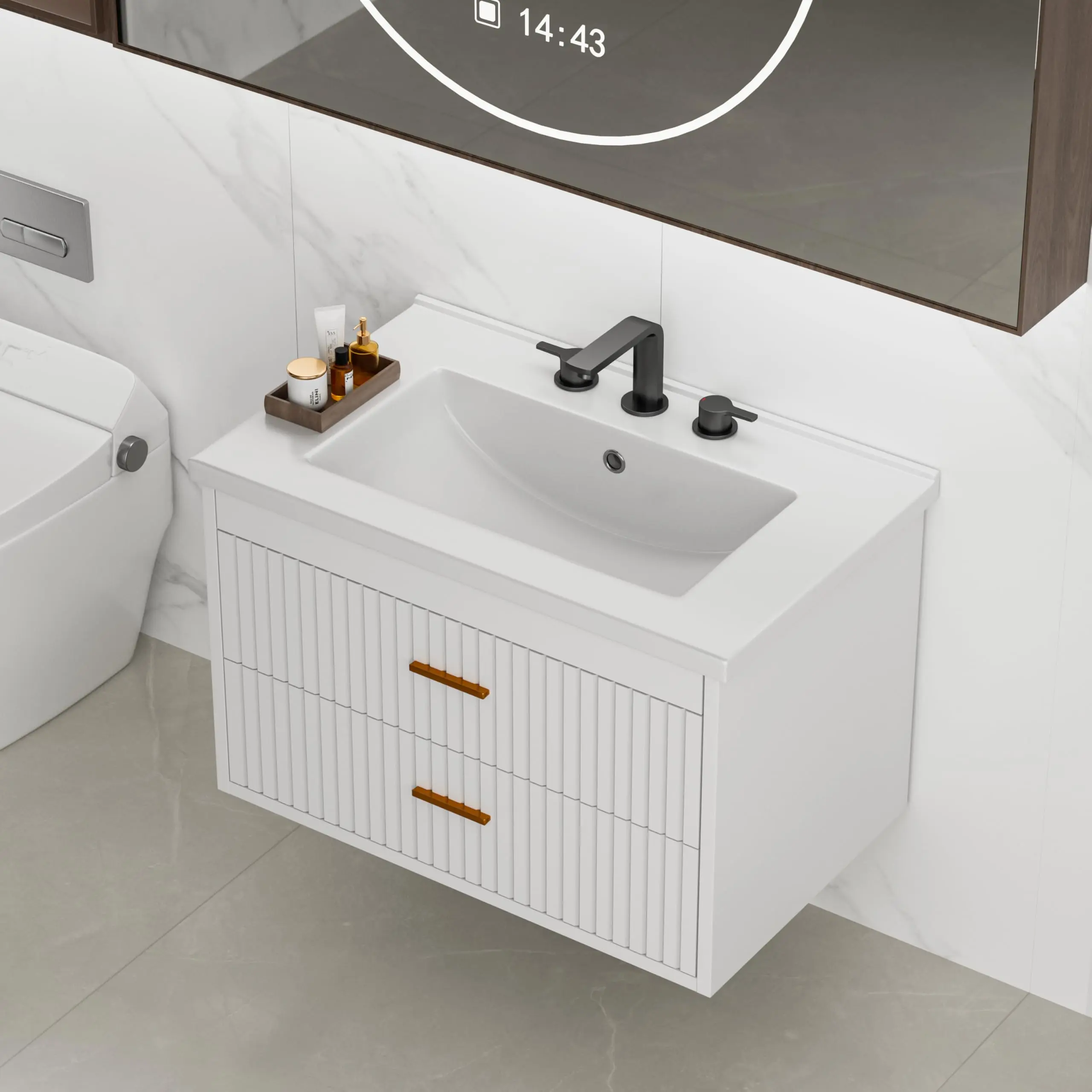 GARVEE Modern Wall-Mount Floating Bathroom Vanity with Rectangular Ceramic/Resin Sink, 24/30-in Sizes, Soft-Close Drawers, Gold Metal Handles, Water-Resistant White Cabinet, Easy Assembly