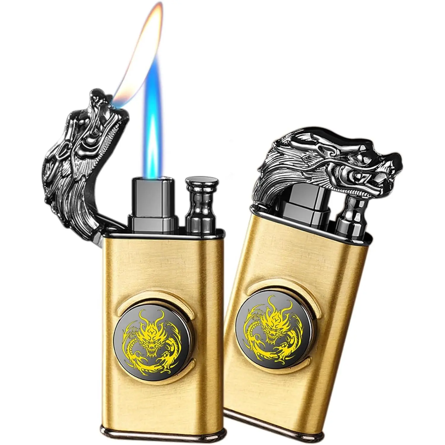 Gold Embossed Dragon Motif Windproof Jet Lighter - Refillable Butane, Adjustable Flame, Soft Switch, Accessories with Adjusting Tool, Camping Gift for Home Supplies Home Decor Candle Holder Use
