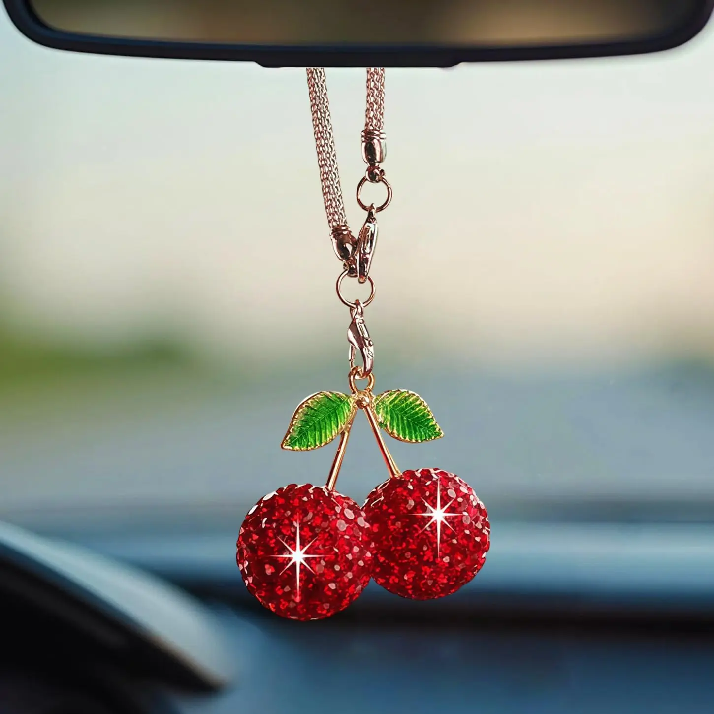 Bling Cherry   Ornament, Cute  Rear View Mirror Pendant, Sparkly  Rearview Mirror Charms, Lucky  Interior Decor Accessories (Red)