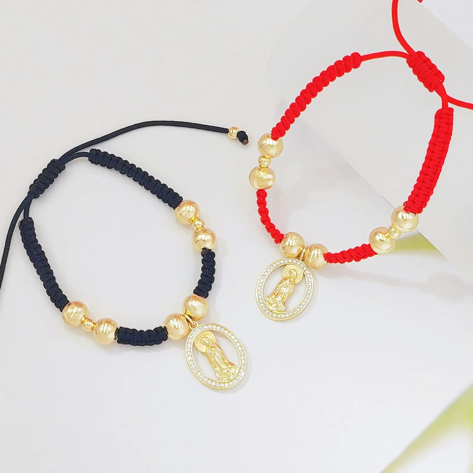 Adjustable Hand Woven Red Black String Bracelet 14K Gold Beads Micro Pave Zircon Virgin Mary Oval Charm Religious Protection Braided Wrist Jewelry For Men Women
