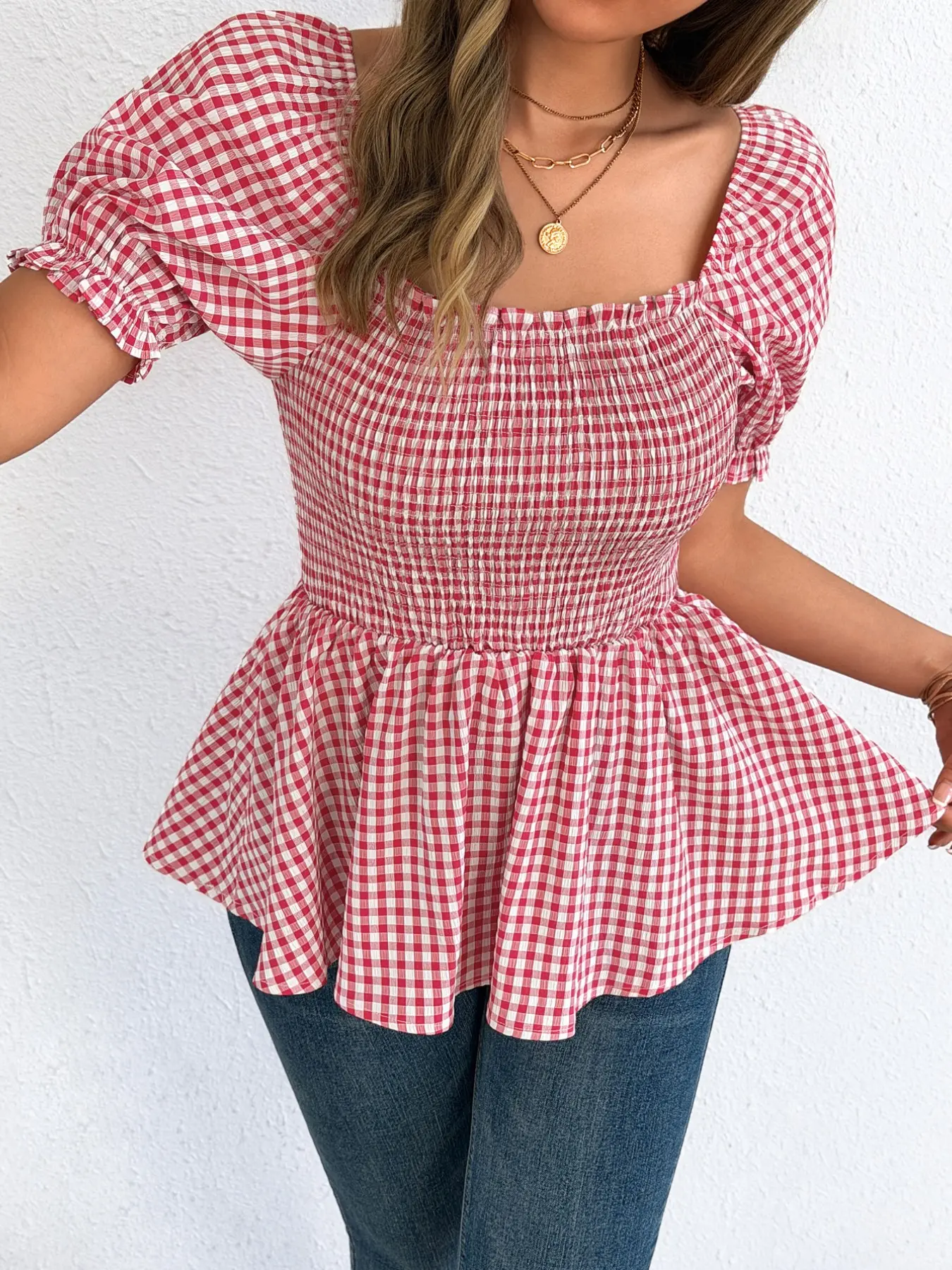Summer Elegant Chic Square Neck Plaid Bubble Sleeve Women's Top, Casual Short Sleeve Slim-Fitting Blouse, Plain Surface Unlined Fashion, Blouse Shirt Top