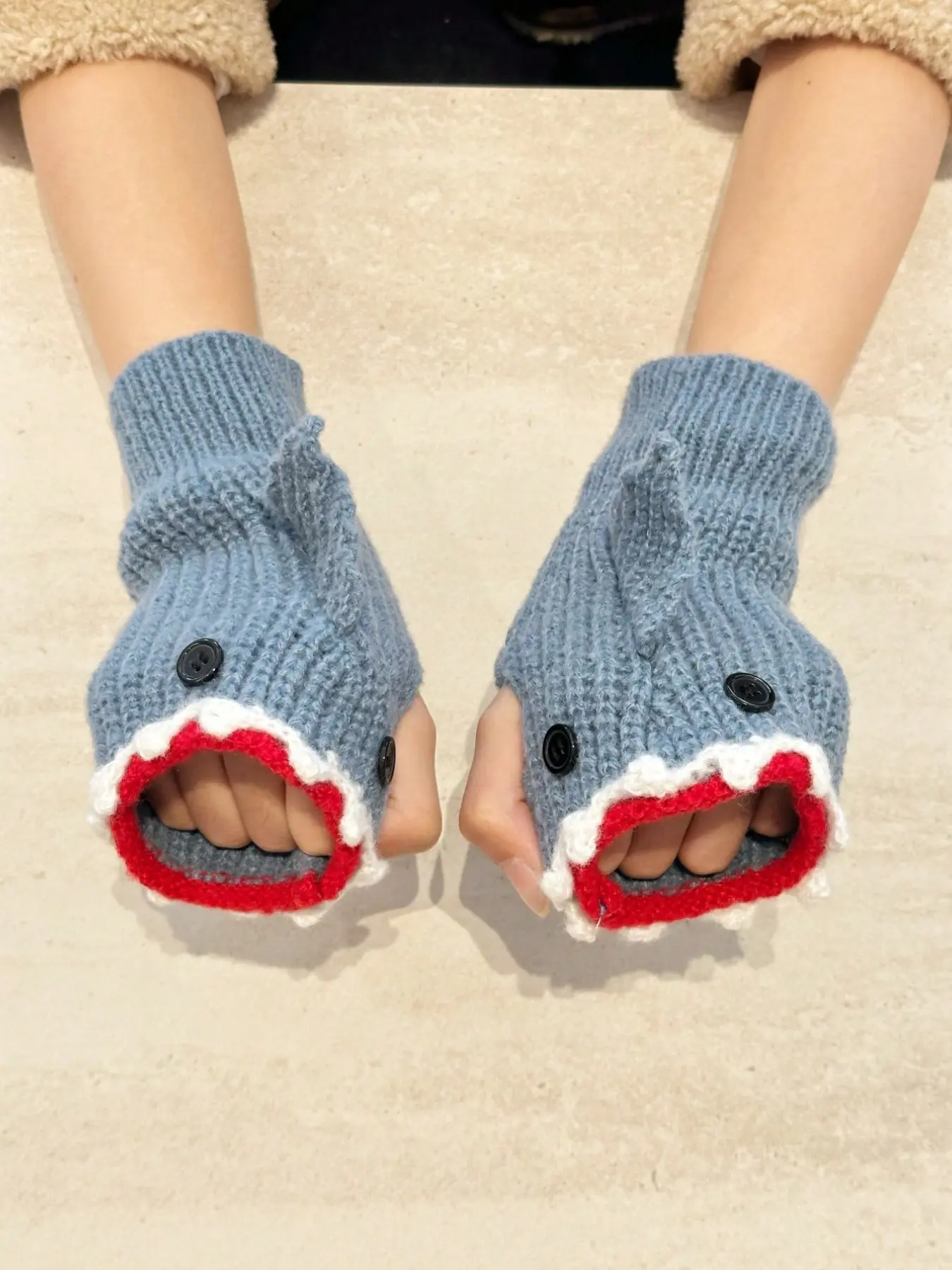 Adorable Shark Pattern Handmade Fleece Gloves, Warm and Comfortable Half Finger Winter Accessories, Unisex Christmas Gift