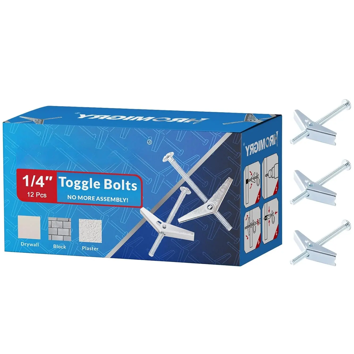 Heavy Duty 1/4"x5" Toggle Anchors (12 Pcs), 1/4" Wall Anchors with Butterfly Bolts for Hollow Walls, Drywall, Sheetrock