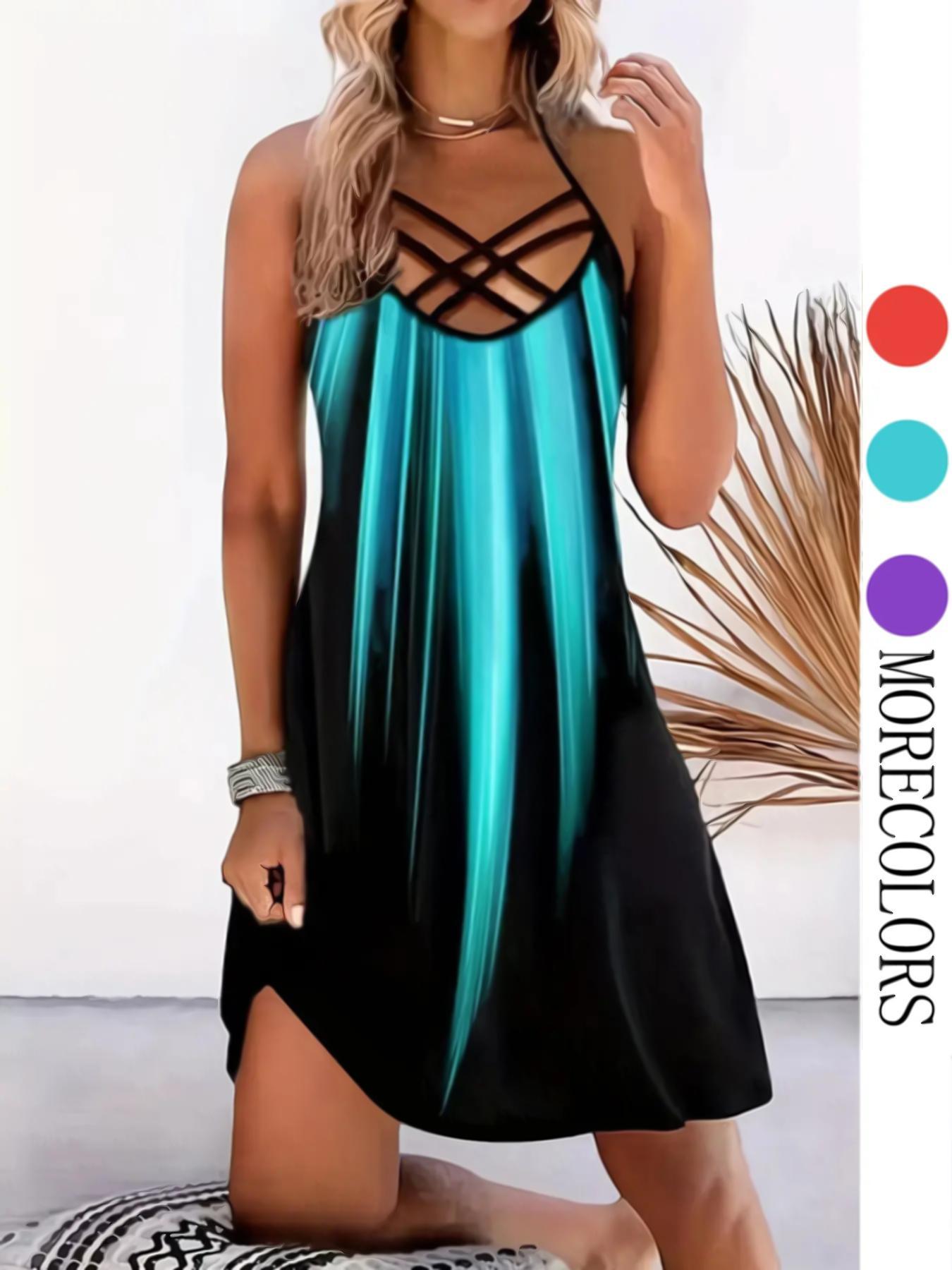 Women's Colorblock Criss Cross Backless Cami Dress, Chic Casual Sleeveless Spaghetti Strap Short Dress , Ladies Clothes for Summer Beach Holiday