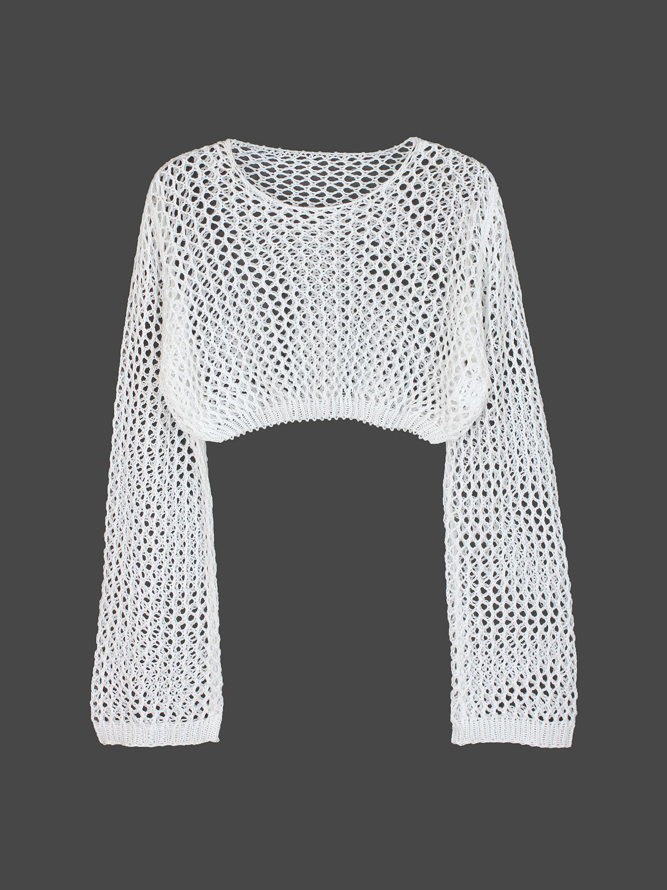 Women's Plain Hollow Out Long Sleeve Crew Neck Cropped, Casual Flounce Sleeve Round Neck Crop Knit Top for Summer, Ladies Clothes for Beach Holiday Vacation, Crochet Cover Ups