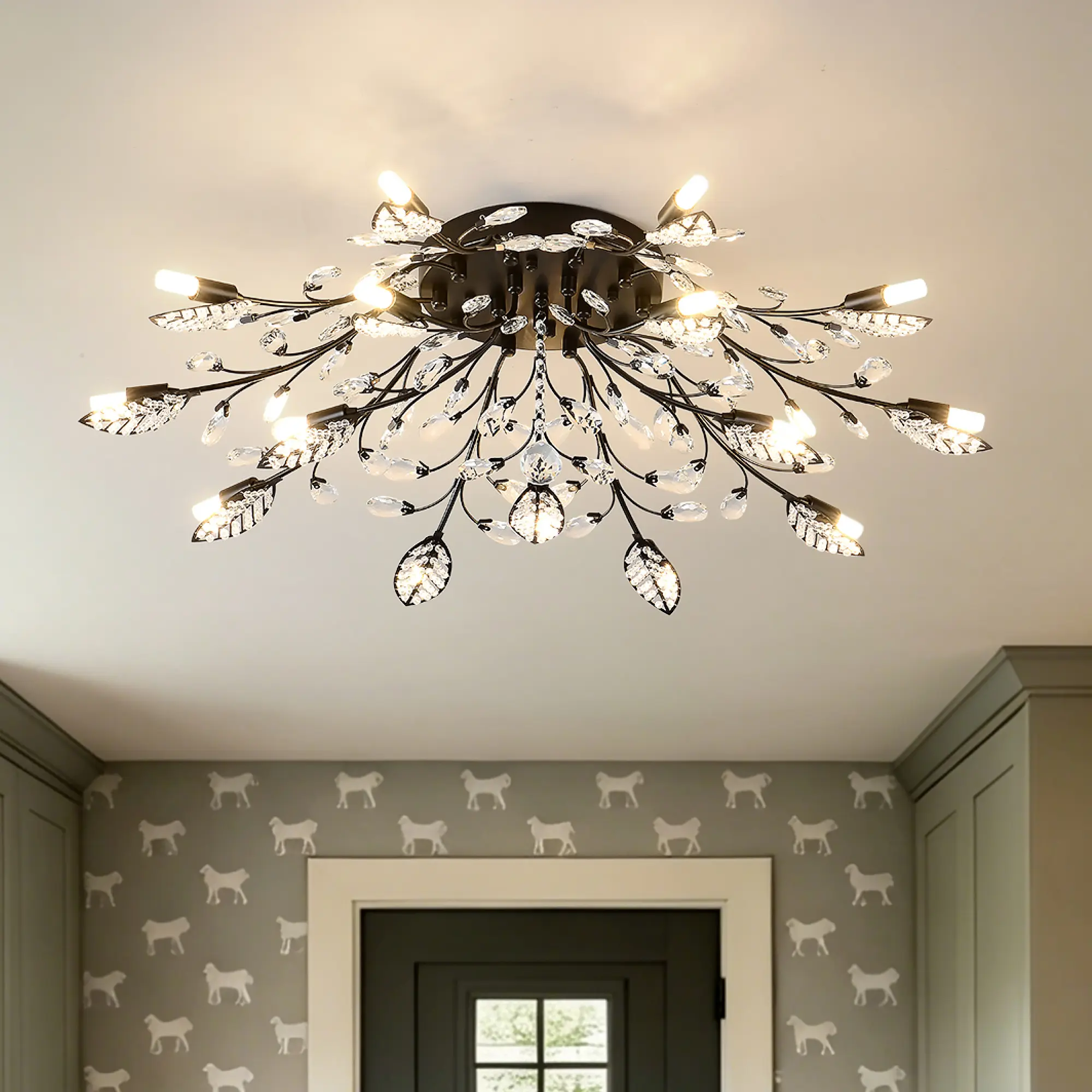 Nokaa 15-Light Crystal Chandelier Ceiling Light Fixture, Modern Farmhouse Hanging Pendant Lamp for Dining Room Kitchen Island Living Room Foyer, Matte Black, Adjustable Chain, Bulbs Not Included
