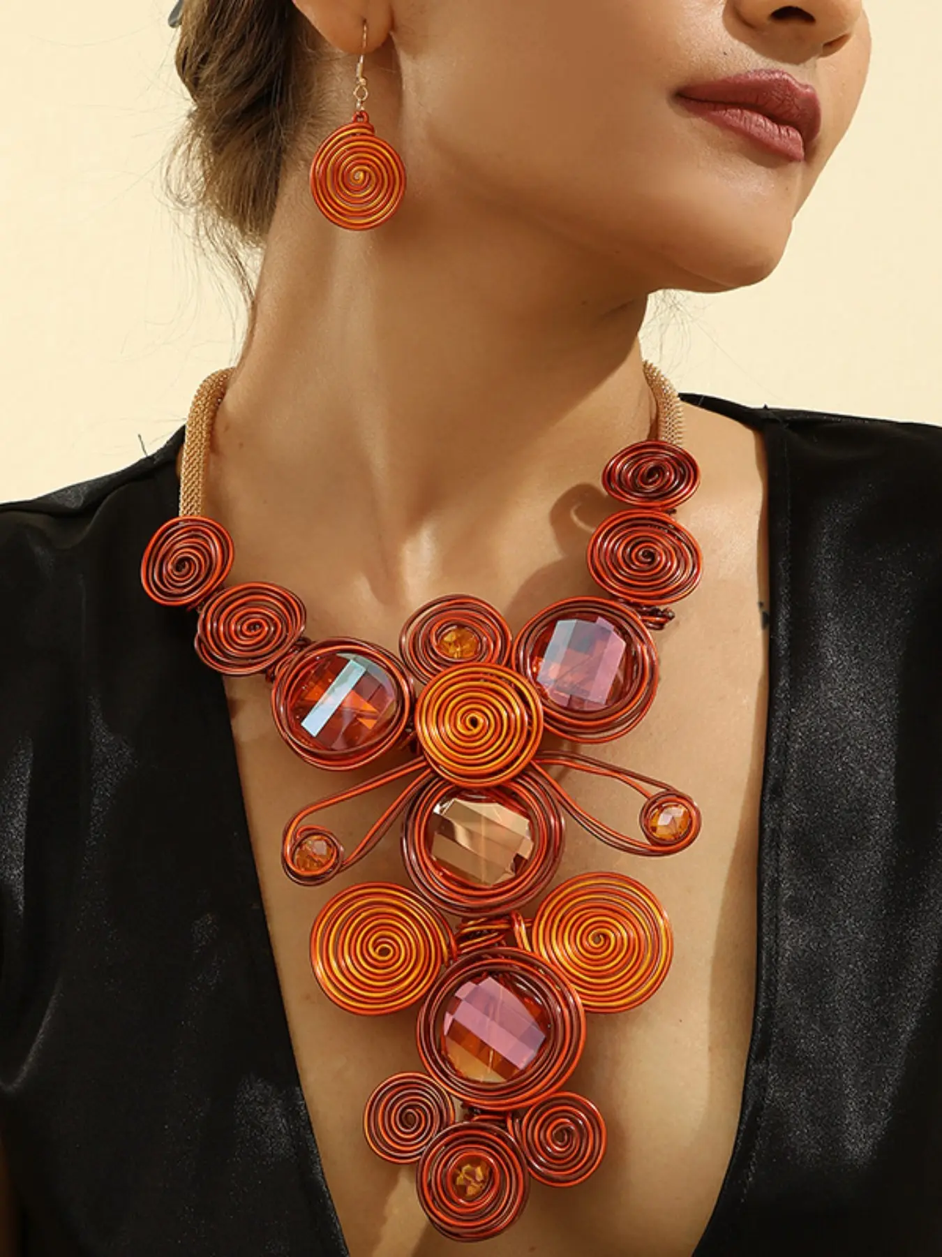 Two-Piece Handmade Boho Necklace Earrings Set, Vintage Exaggerated Fashion Artificial Crystal, Ethnic Style, Bohemian Aesthetic, Fall & Winter Jewelry