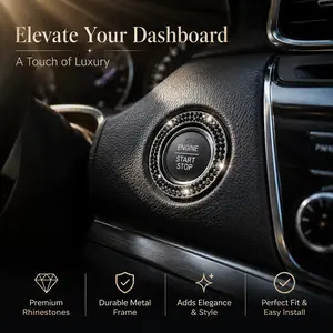 Bling Car Accessories - Black Rhinestone Push to Start Button Cover, Crystal Ignition Ring Sticker, Premium Auto Interior Decor Decal for Women & Men