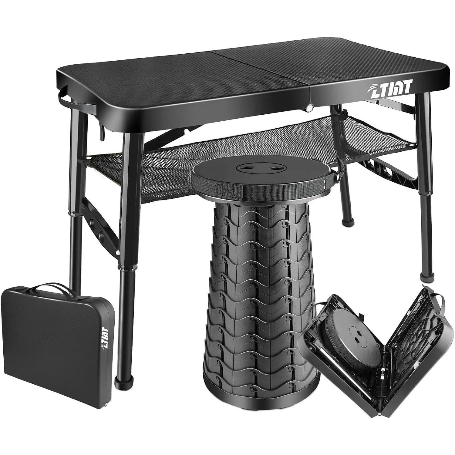 Folding Table and Stool, Small, Black, 4 Foot Outdoor Portable Table, Adjustable Height, Camping, Picnic, RV Table, 55lbs Load-Bearing, LightweightGift.