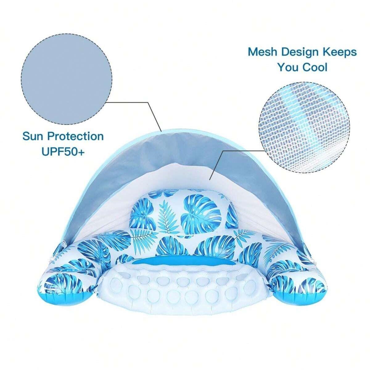 Inflatable Pool Float with Canopy, Inflatable Pool Chair Lounge Float with Adjustable Sun Shade Cover, Drink Holder, Ergonomic Headrest, Swimming Accessories, Inflatable Pool Floaters