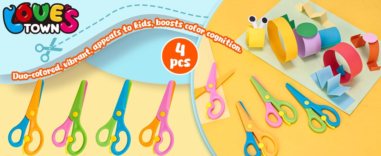Toddler Safety Scissors, 4 PCS Blunt Tip Scissor Preschool Training for Kids & Children, Anti-Pinch Design, Child Hand Eye Coordination Development, Playdough Tools Scrapbooking Supplies
