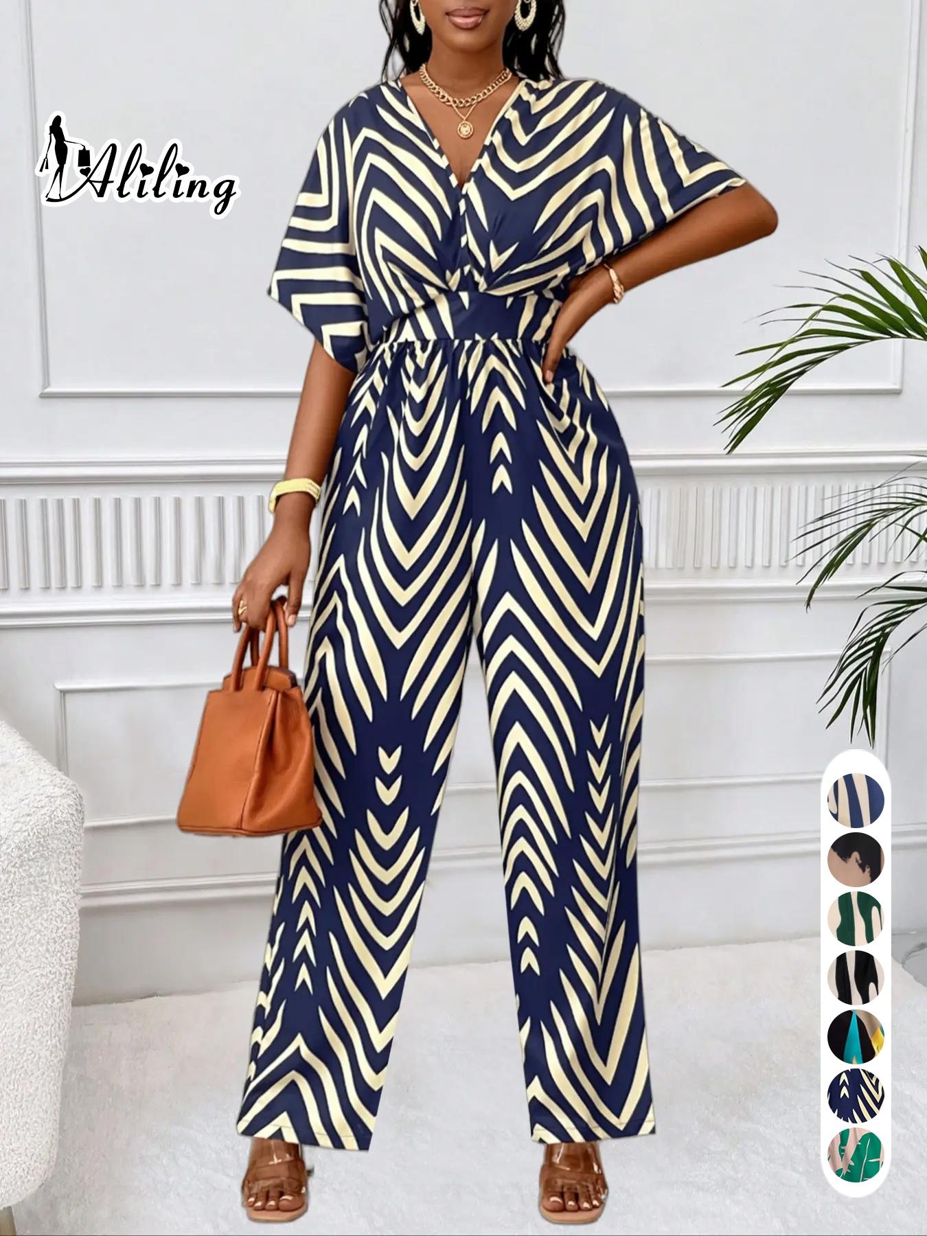 Women's Elegant Loose-Fit V Neck Short Sleeve Romper, Woven Fabric Wide Leg Pants, All Season Fashionable One-Piece Womenswear