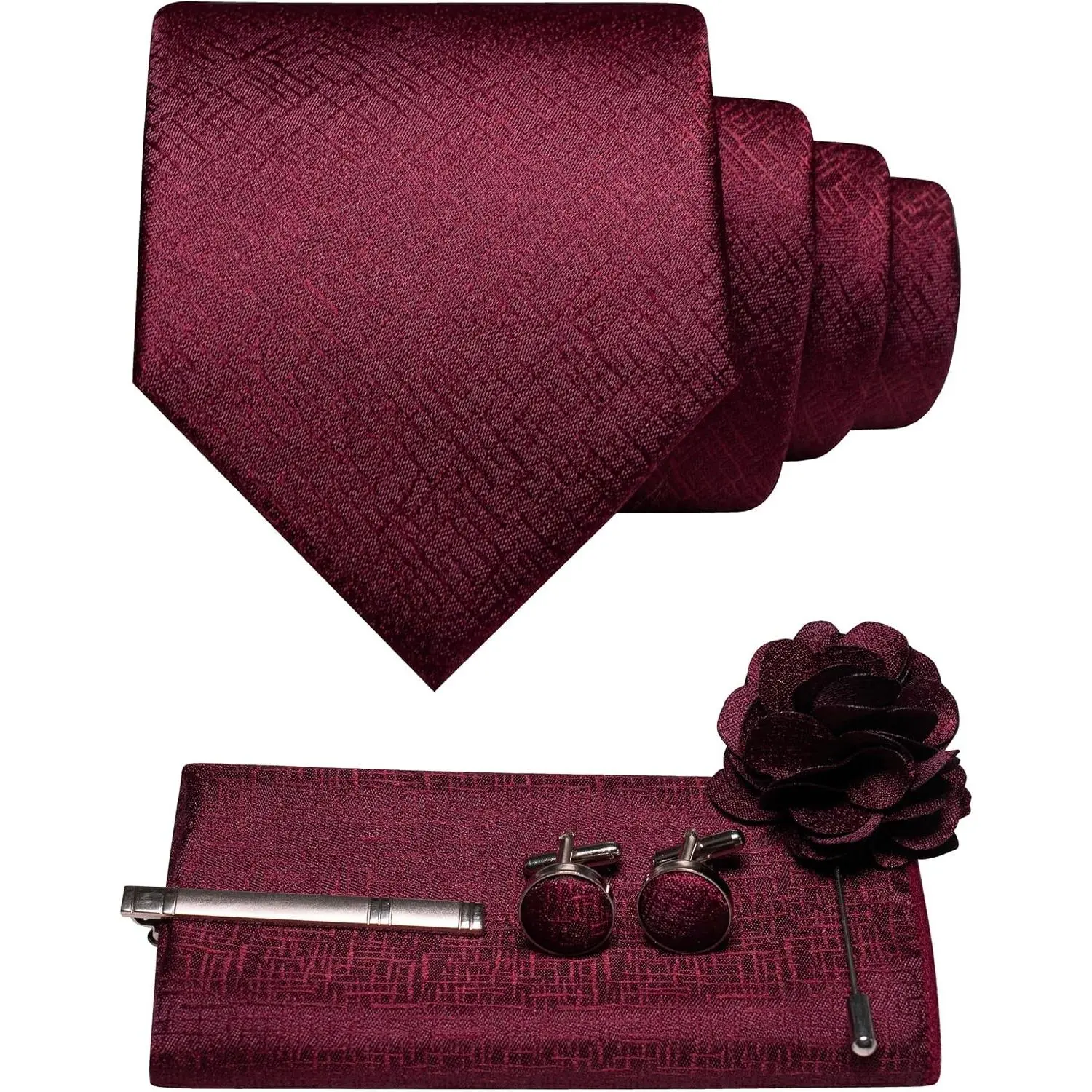 Men's 5-Piece Tie and Pocket Square Set with Lapel Pin, Cufflinks, Tie Clip and Gift Box(Gift)