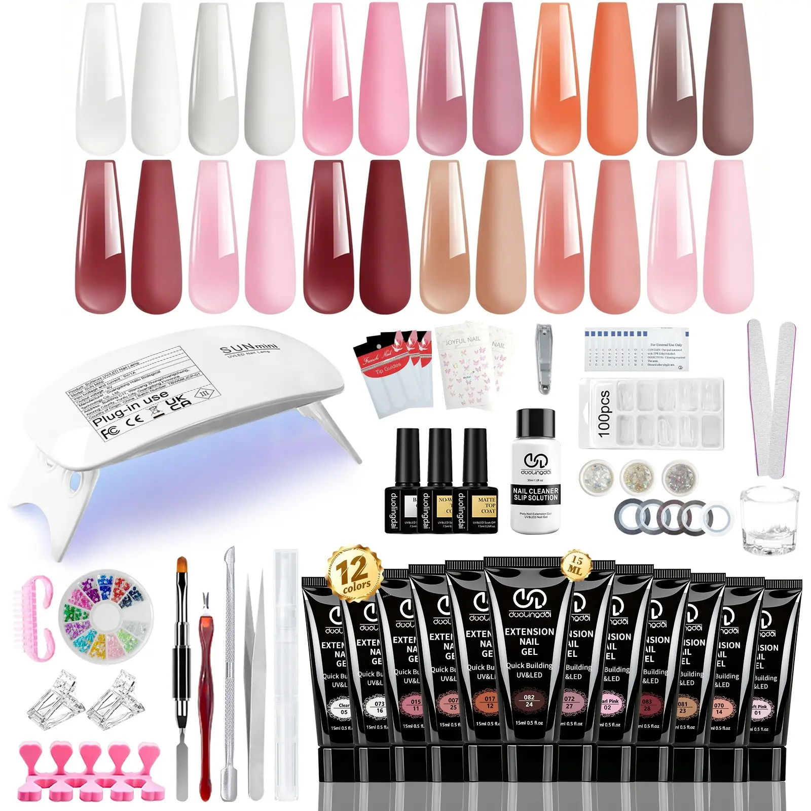 Long-lasting Poly Nail Gel Extension Kit, Polygel Solution Set, Building Gel Set, Nail Extensions, Nail Art, 1 Set 12 Colors Gel with UV Lamp, Nail Strengthen Builder with Soak-Off UV Gel, Manicure Salon Set, Polygel Nail Kits