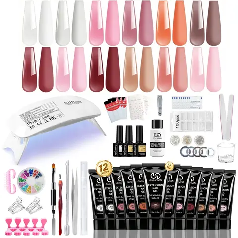 Long-lasting Poly Nail Gel Extension Kit, Polygel Solution Set, Building Gel Set, Nail Extensions, Nail Art, 1 Set 12 Colors Gel with UV Lamp, Nail Strengthen Builder with Soak-Off UV Gel, Manicure Salon Set, Polygel Nail Kits