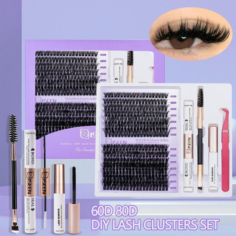 False Eyelashes Kit, 1 Set D Curl Eyelash Clusters, Fluffy Eyelash Clusters with Eyelash Glue, Remover, Brush & Tweezers, Eyelash Extension Kit for Women & Girls