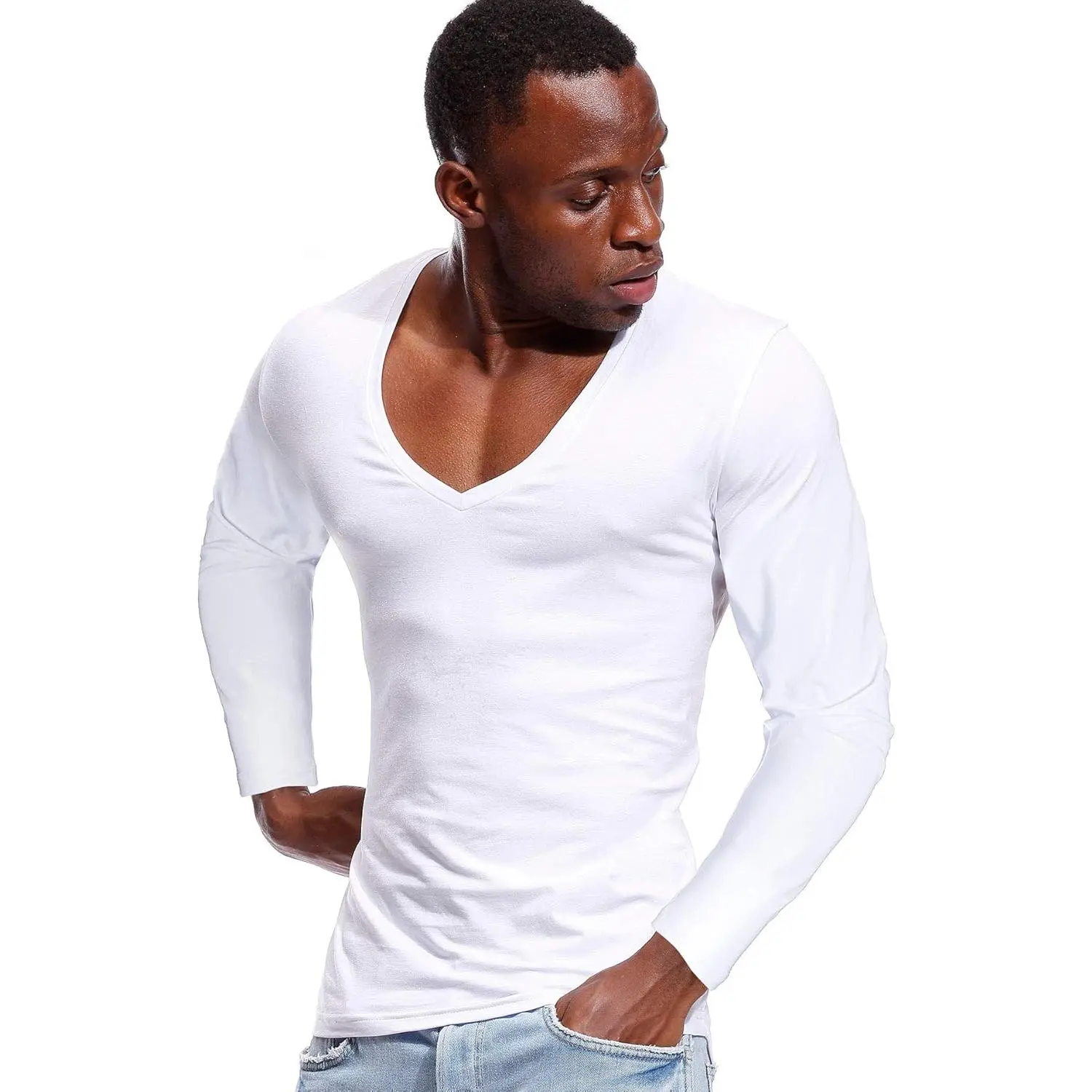 Deep V Neck Shirts Men Long Sleeve Stretch T-Shirt Low Cut Undershirts Tees