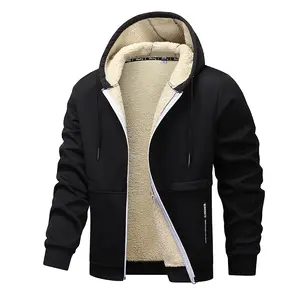 Men's Heavy Sherpa-Lined Full-Zip Hooded Jacket - Warm Plush Fleece Inner, Ribbed Smooth Fabric, Zippered Side Pockets, Windproof Cold Weather Casual Outerwear for Tops & Sweatpants Pairing