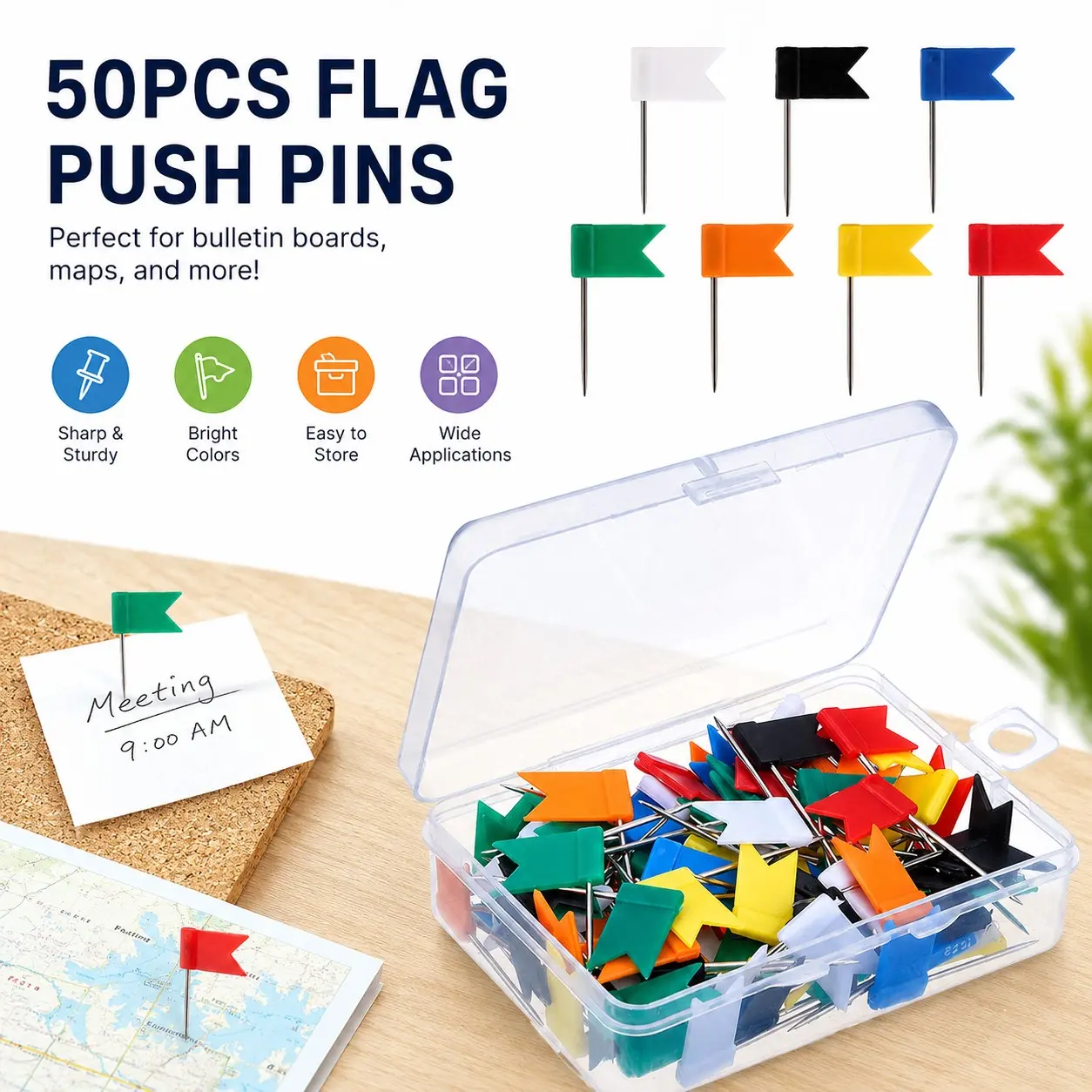 50 Colorful Flag Push Pins for Corkboard Maps, Sturdy Durable Map Markers, Perfect for Organizing Notes & Photos, Ideal for Home Office Use