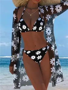 New European and American Women's Sexy Fashion Three-Piece Set, Sun Protection, Long Sleeve Mesh Print, Classic Split Triangle Pants, Beach Party Swimwear