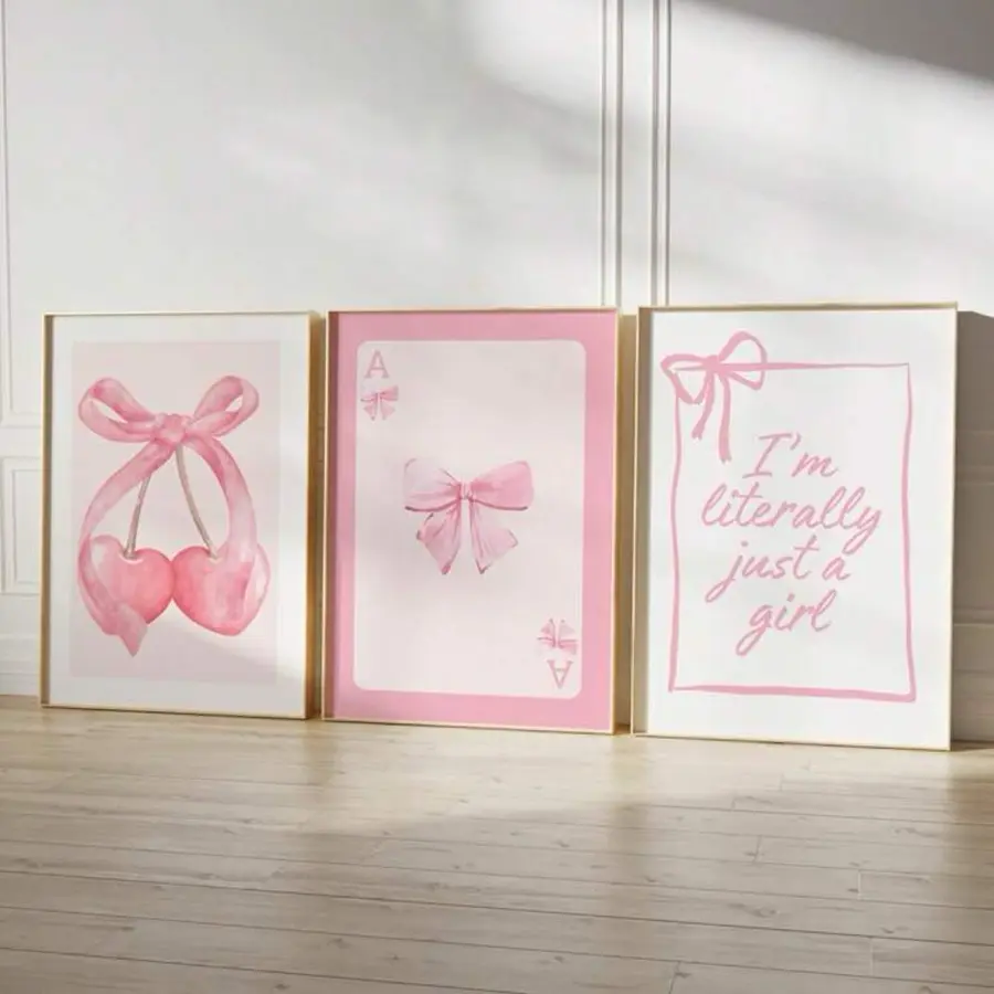 3-Piece Bow Heart Cherry Art Wall Decor, Elegant Poster for Classroom Bedroom Living Room, Romantic Home Decoration No Frame