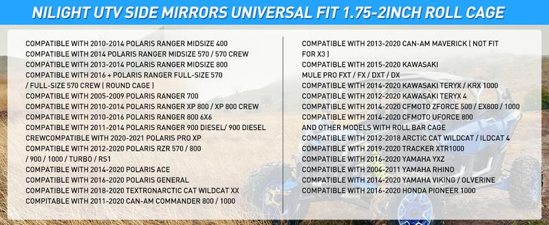 Nilight UTV Side Mirrors Universal Fit For 1.6in to 2in Roll Cages