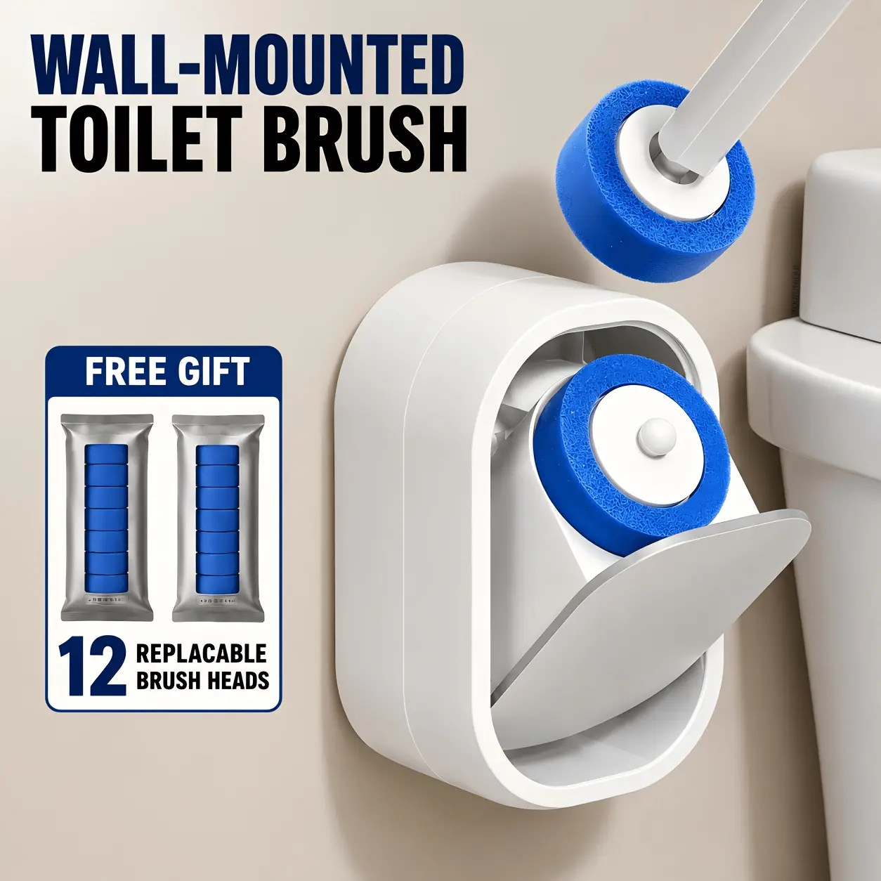 Modern Wall-Mounted Disposable Toilet Brush with Preloaded Cleaning Solution, 12 Replaceable Heads, 1-Click Quick Replacement, Rotating Head, Touch-Free Storage, Bathroom Home Supply extra long handle