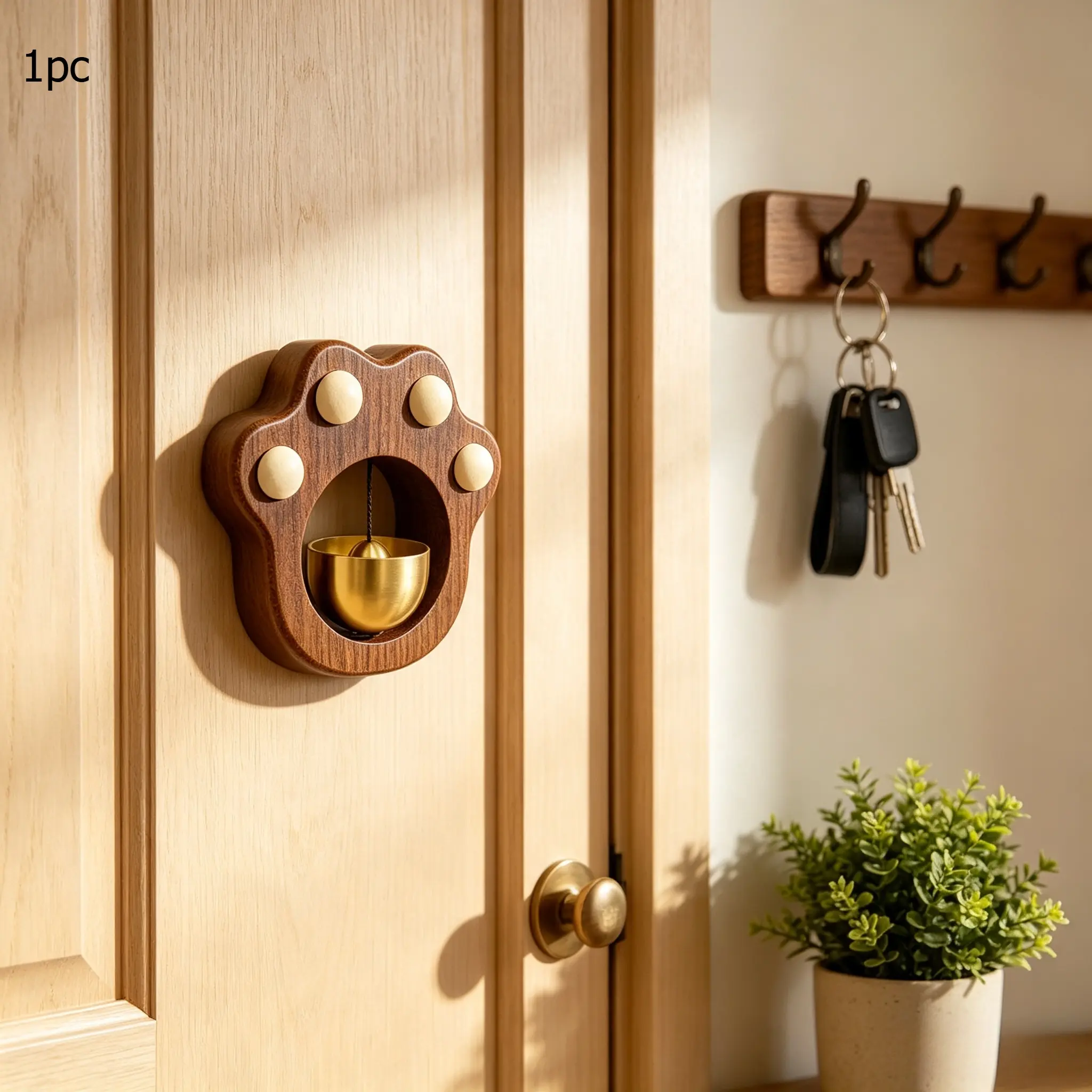 Cute Paw-Shaped Wooden Doorbell Wind Chime, Mini Copper Bell Decoration, Indoor Door Hanging Bell, Home Decor Lucky Pet Paw Ornament Gift, Suitable for Front Doors And Store Entrances