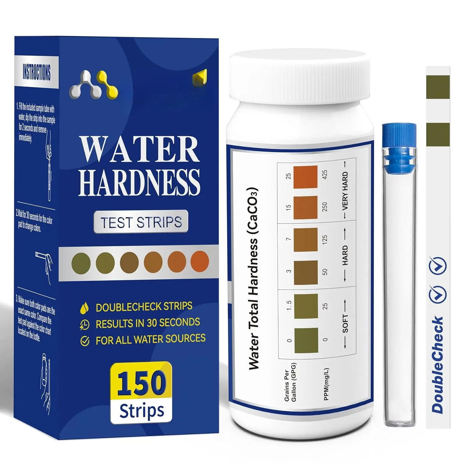 Water Hardness Test Kit,150 Strips-Double Color Pads with Sample Tube | Hard Water Test Kit for ,Drinking Water Tap Water Well Pool  Water Softener Quick Accurate Water Quality Testing Kit