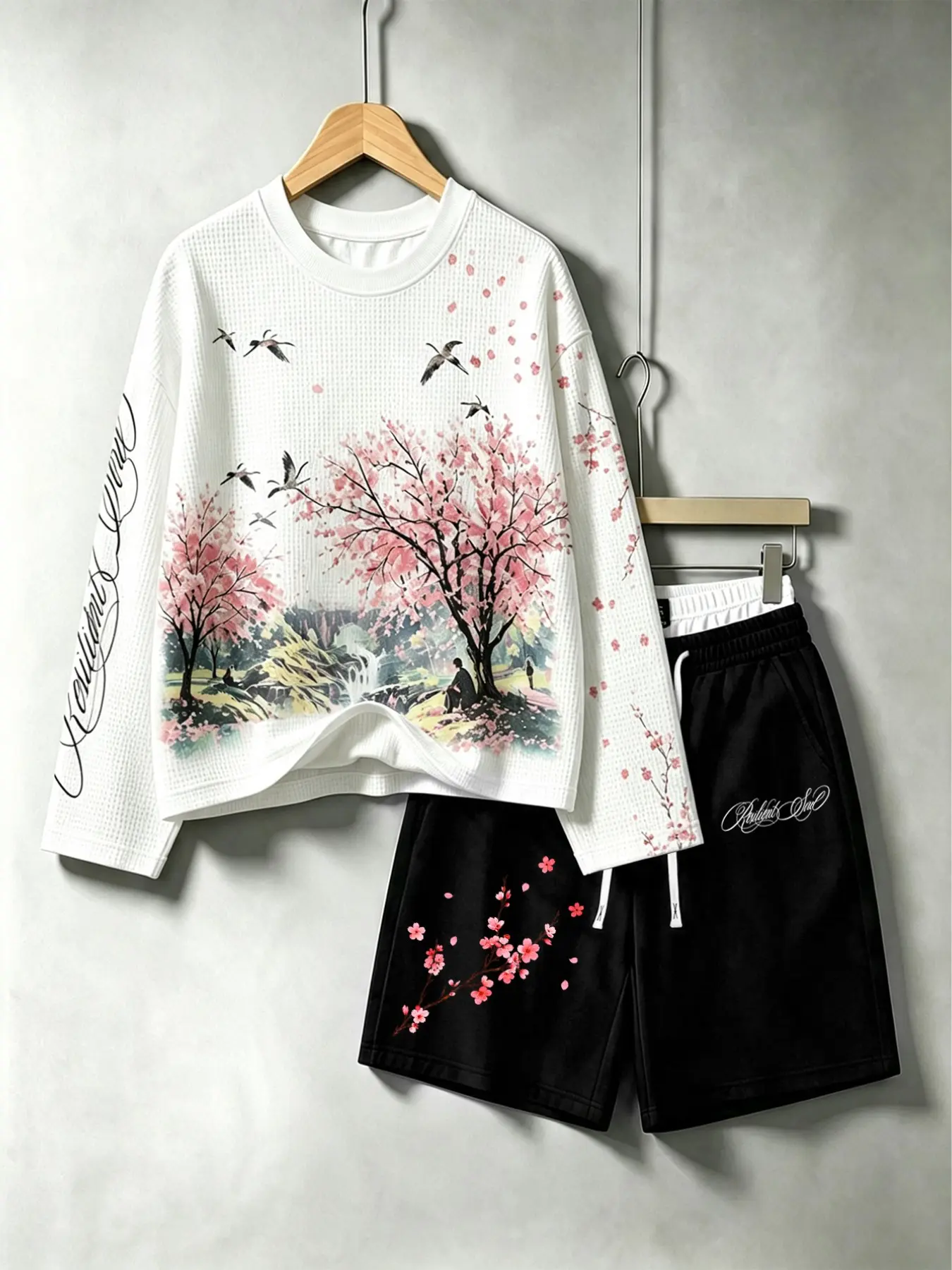 New Chinese Style Landscape Cherry Blossom Print Waffle Long Sleeve 2 Piece Outfit、New Chinese Oversized Casual Co-ord Set、Trendy Matching Suit For Daily Trip、Nice Gift For Couples、Unisex Early Autumn Outfit、Crew Neck Top With Ink Wash Bird Scenery Print