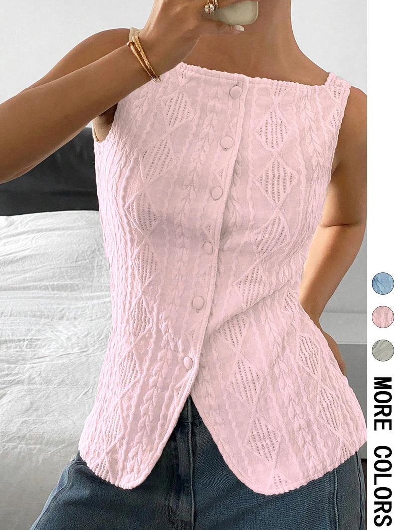 Women's Geometric Pattern Button Front Tank Top, Casual Fitted Sleeveless Top for Daily Wear, Ladies Clothes for All Seasons