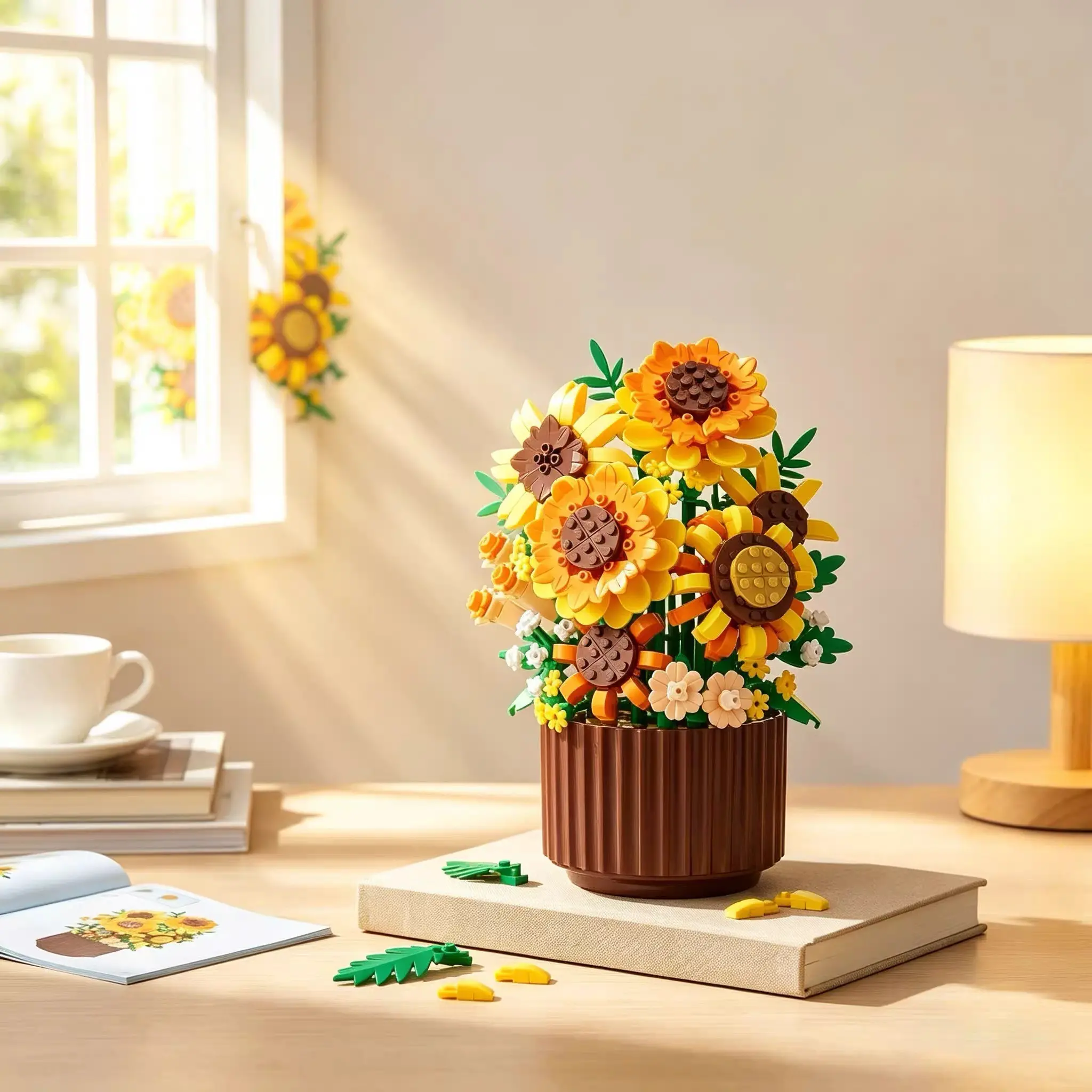 Mini Sunflower Bonsai Building Blocks, Botanical Collection Flower Model, Artificial Potted Plant, Adjustable Blooms, Perfect Gift