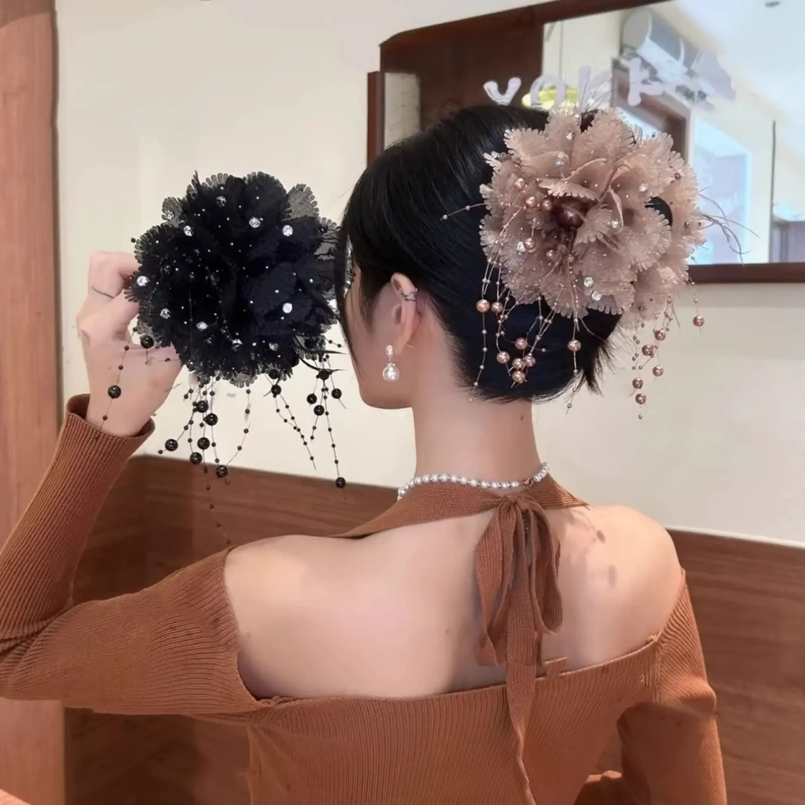 2Pcs/1Pcs Luxury Peony Beaded Tassel Hair Claw Clip for Women, Elegant Large Shark Hair Clip, Stylish Back Head Hair Accessory, Vintage Floral Decorative Hair Barrette for Daily & Party Hairstyles