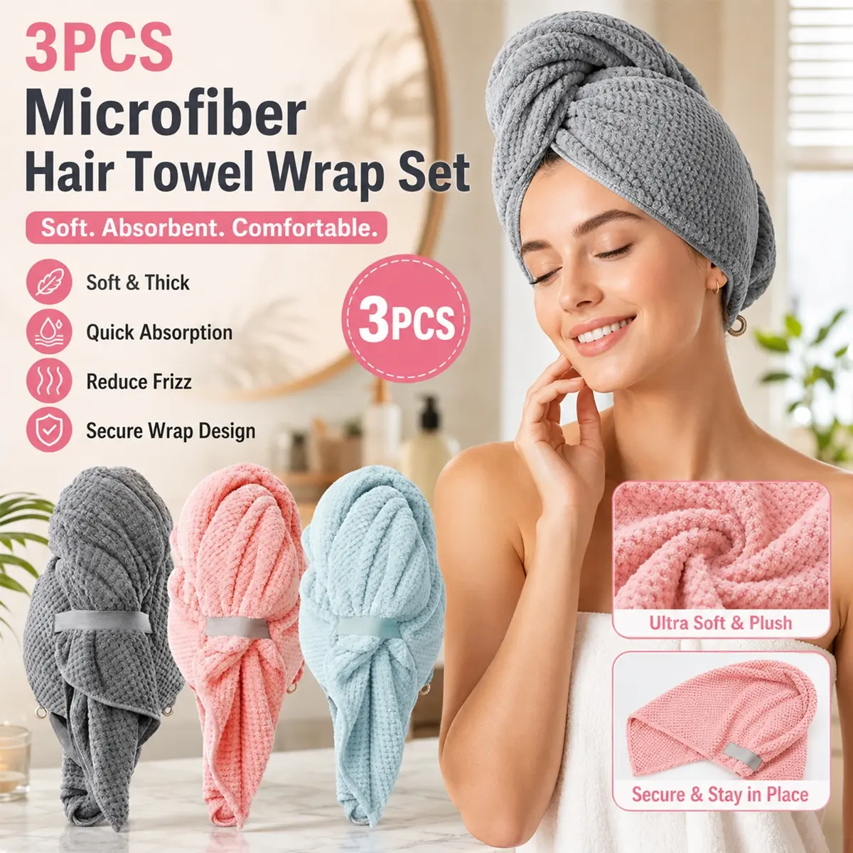 3 Pack Microfiber Hair Towel Wrap for Women, Super Soft Quick Dry Hair Drying Turban with Elastic Strap, Anti-Frizz Thick Absorbent Hair Towels for Wet Long Thick Curly Hair, Bathroom Shower Bath Spa Makeup Gym Travel Daily Hair Care