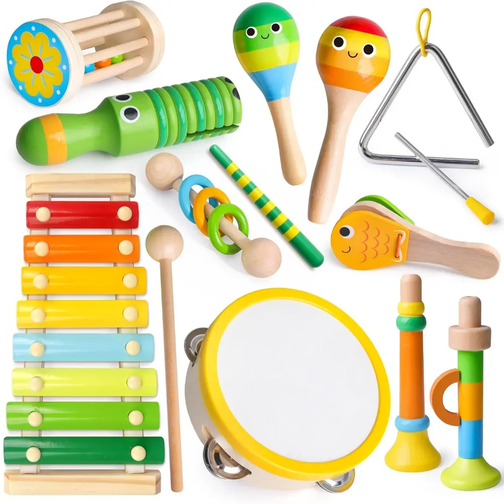 Wooden Musical Instruments for Toddlers, Tambourine Xylophone Castanet Flute Maracas Playset, Wood Percussion Rhythm Music Toy, Montessori Educational Learning Gift